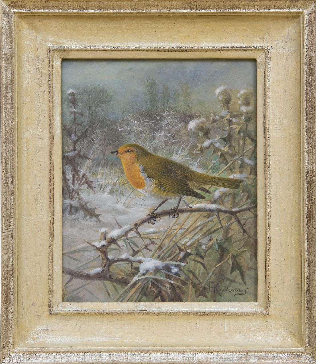 Keulemans J.G.  | Johannes Gerardus Keulemans, Rotkehlchen im Winterlandschaft, Gouache auf Papier 21,5 x 17,0 cm, Unterzeichnet u.r.