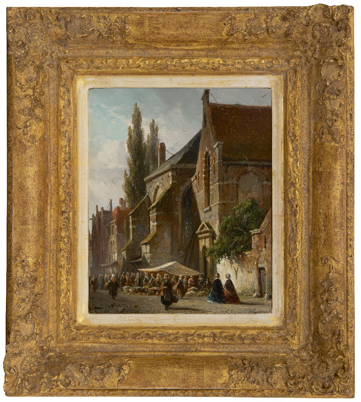 Eversen A.  | Adrianus Eversen | Gemälde zum Verkauf angeboten | Markttag bei der Kirche, Öl auf Holz 19,0 x 15,3 cm, Unterzeichnet u.r.