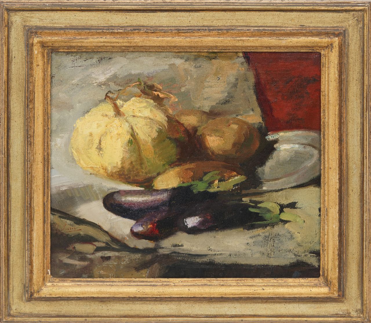 Surie J.  | Jacoba 'Coba' Surie | Gemälde zum Verkauf angeboten | Stilleben mit Auberginen, Öl auf Leinwand 37,8 x 42,5 cm, Unterzeichnet im Verso