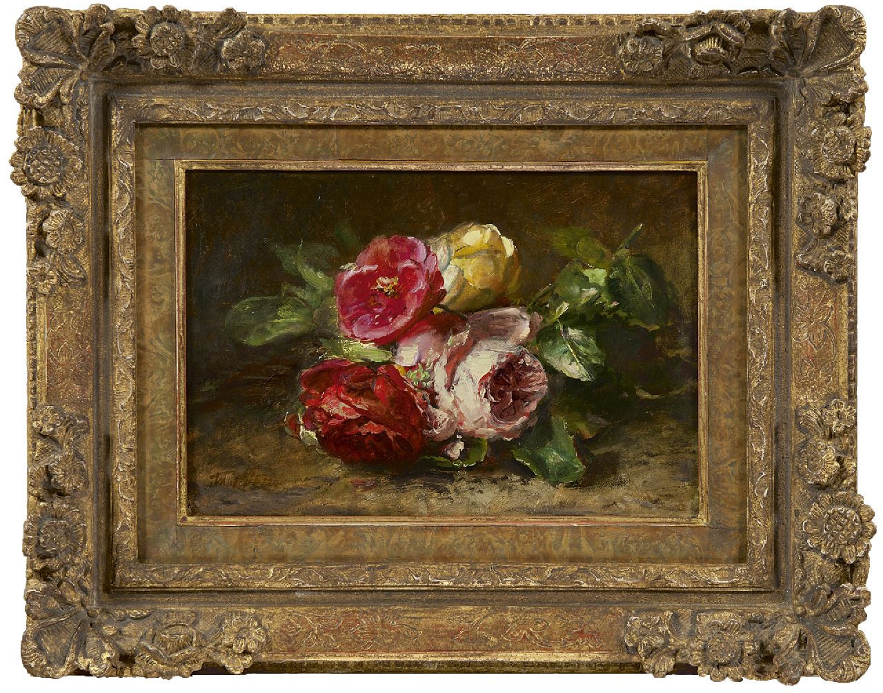 Peters A.  | Anna Peters, Rosen auf Waldboden, Öl auf Leinwand 21,5 x 31,5 cm, Unterzeichnet u.l.