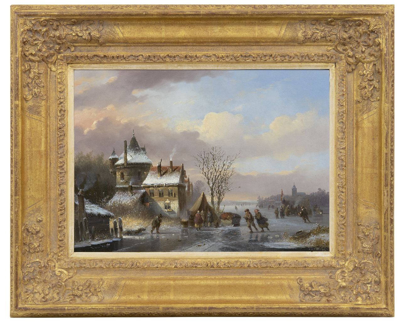 Stok J. van der | Jacobus van der Stok, Zugefrorener Kanal mit Schlittschuhläufern und Koek-en-zopie Buden, Öl auf Holz 30,7 x 43,8 cm, Unterzeichnet u.l.