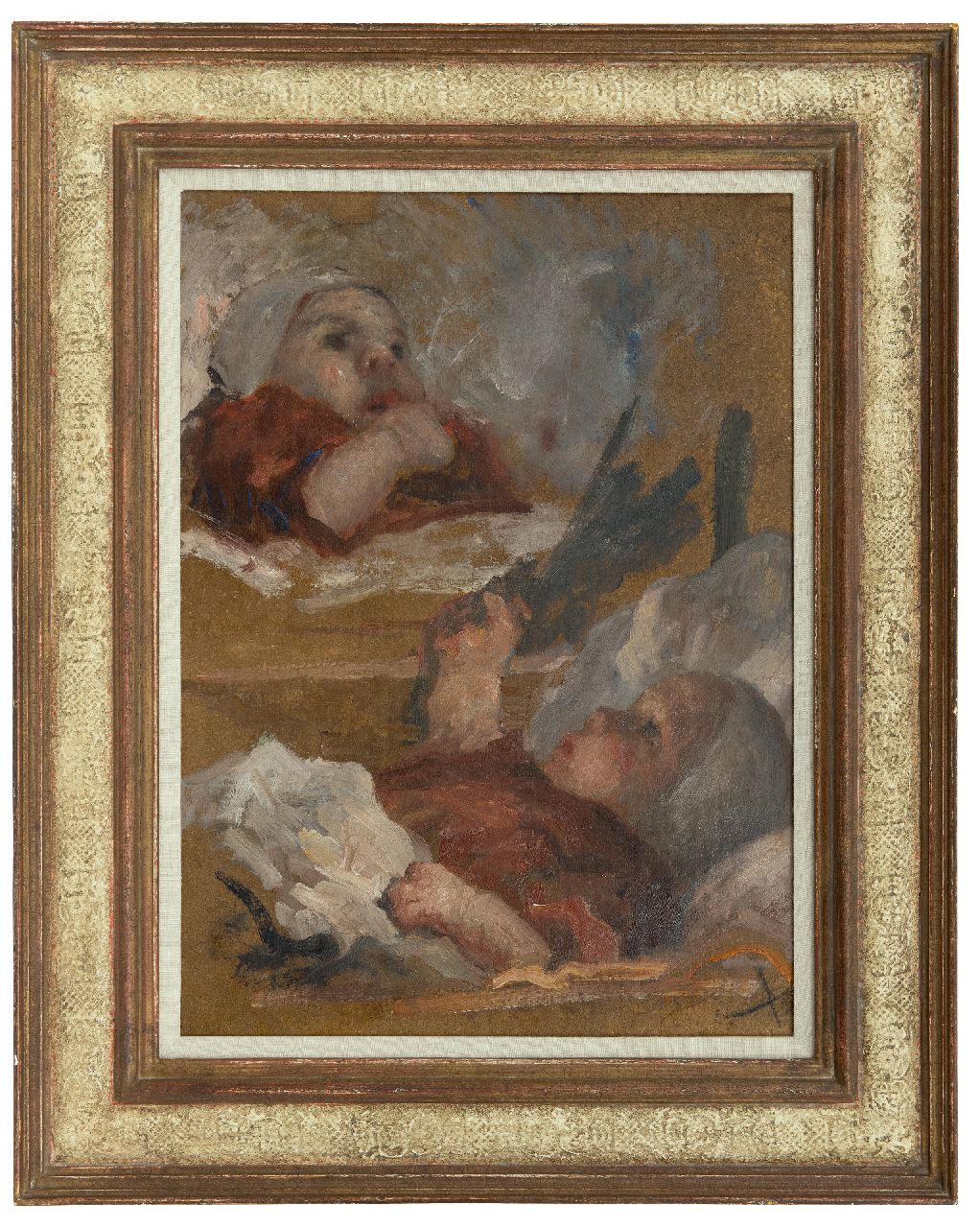 Pieters E.  | Evert Pieters | Gemälde zum Verkauf angeboten | Studien von einem Baby; verso: junge Frau im Garten, Öl auf Malerpappe 49,5 x 37,0 cm