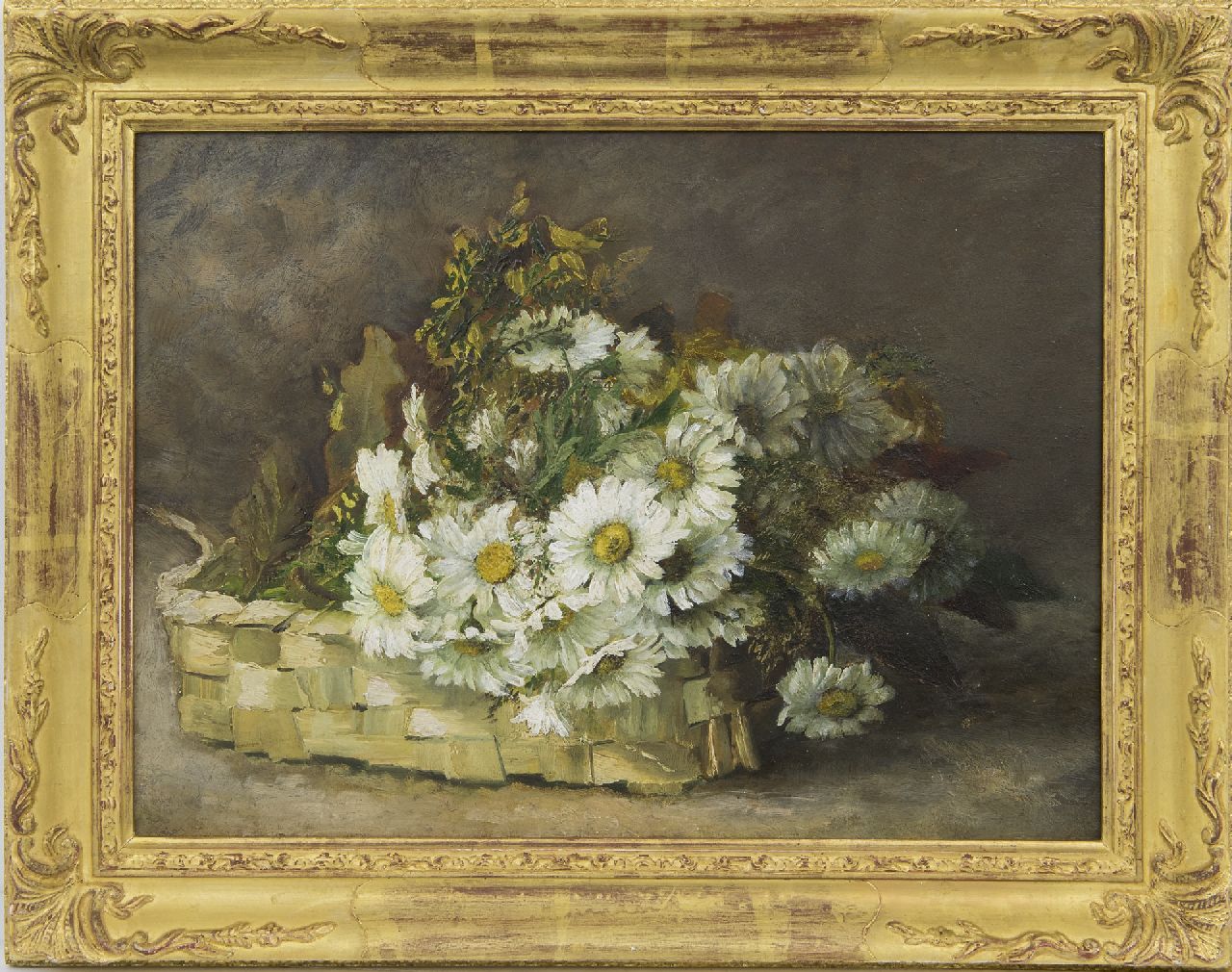 Onbekend   | Onbekend | Gemälde zum Verkauf angeboten | Margeritenblumen in einem Korb, Öl auf Holz 28,0 x 38,1 cm