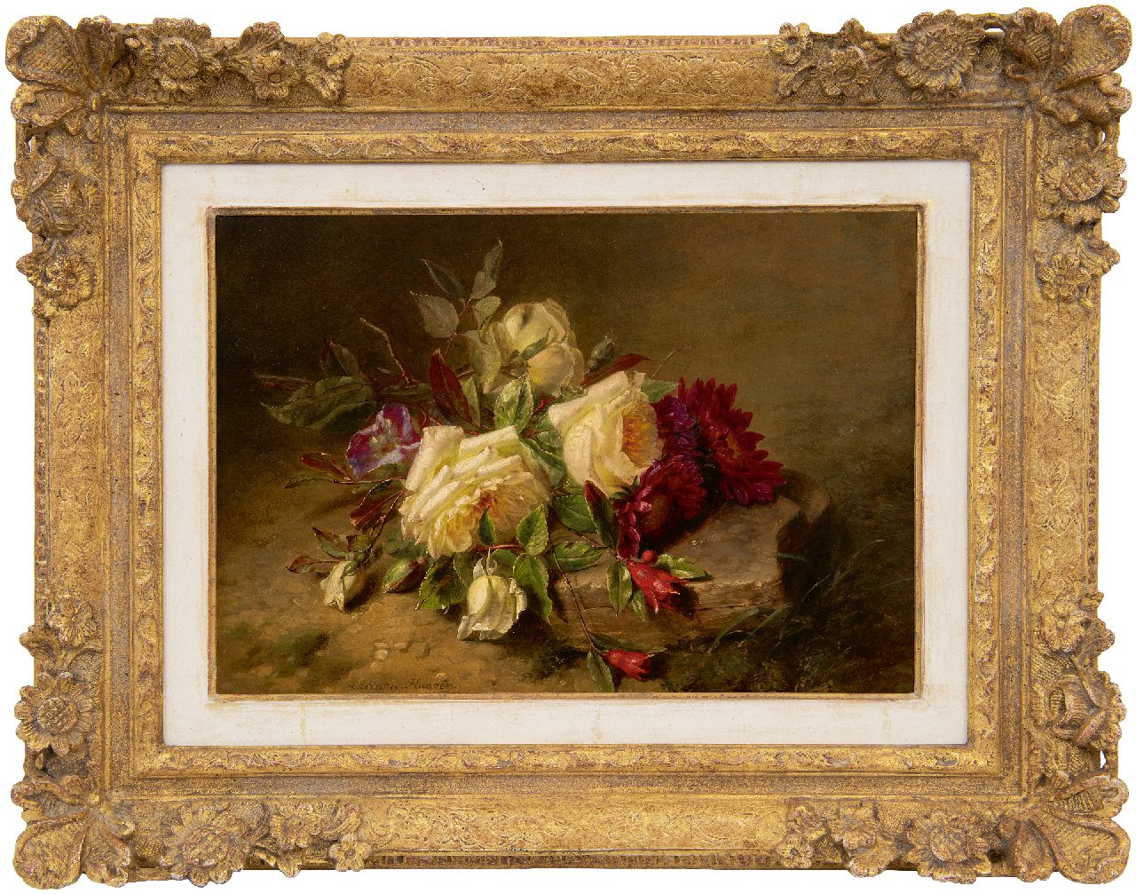 Haanen A.J.  | 'Adriana' Johanna Haanen | Gemälde zum Verkauf angeboten | Rosen und Chrysanthemen auf dem Waldboden, Öl auf Holz 25,5 x 36,0 cm, Unterzeichnet u.l.