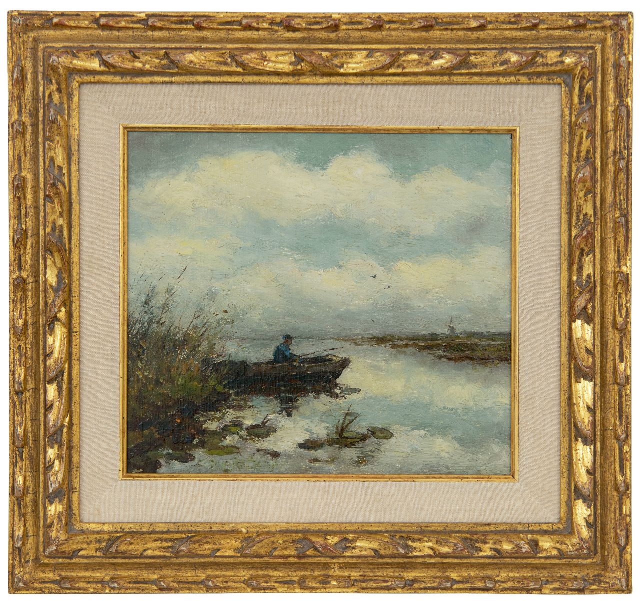 Weissenbruch H.J.  | Hendrik Johannes 'J.H.' Weissenbruch, Wasserlandschaft mit Angler im Schilfgürtel, Öl auf Holz 16,2 x 18,2 cm, Unterzeichnet Reste einer Signatur l.v.d.Mitte