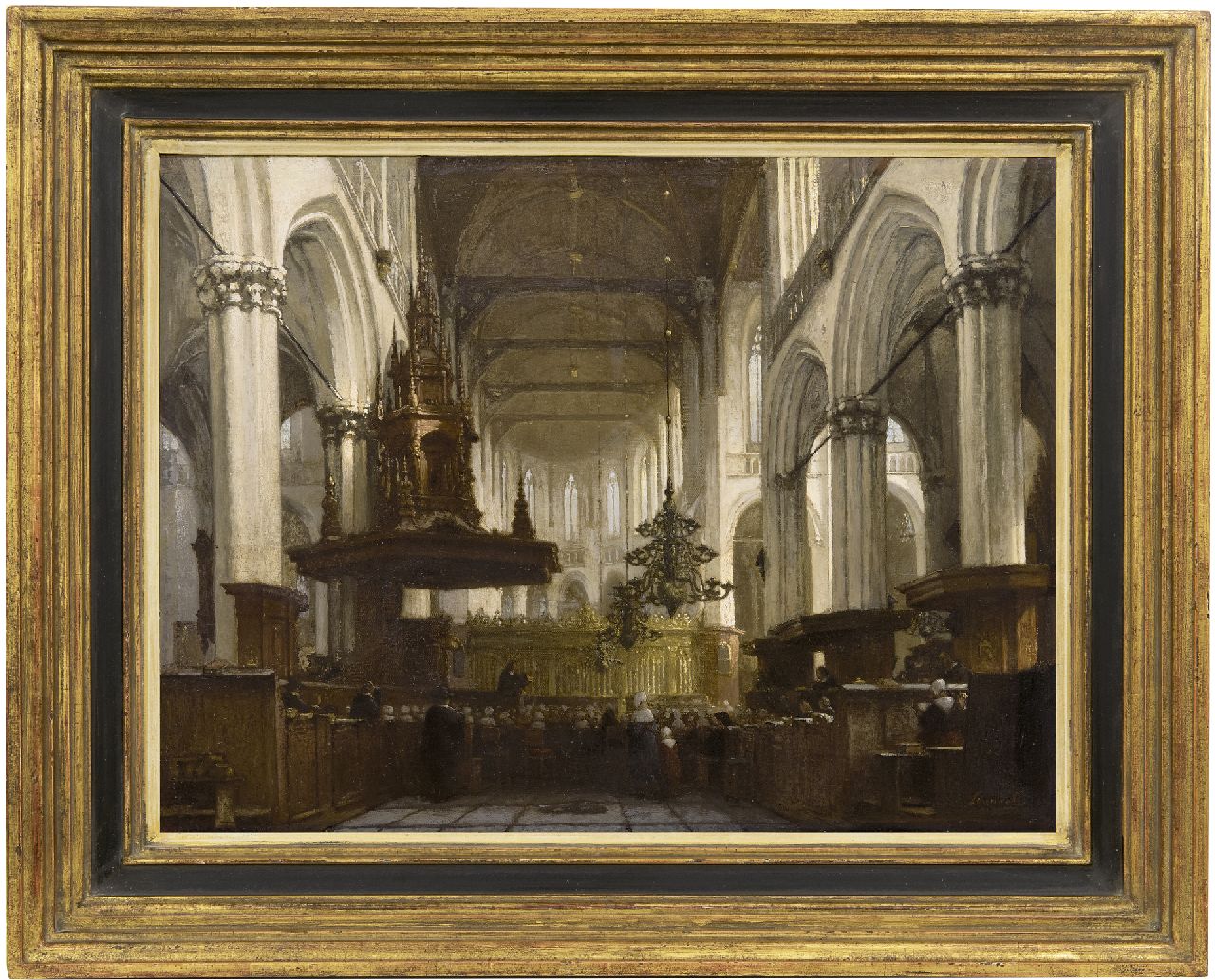 Schenkel J.J.  | Jan Jacob Schenkel, Gottesdienst in der Nieuwe Kerk in Amsterdam, Öl auf Leinwand 45,8 x 59,0 cm, Unterzeichnet u.r.