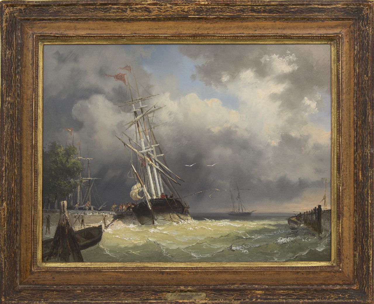 Breuhaus de Groot F.A.  | Frans Arnold Breuhaus de Groot | Gemälde zum Verkauf angeboten | Ein Dreimaster, der in einem Sturm den Hafen betritt, Öl auf Holz 44,4 x 59,5 cm