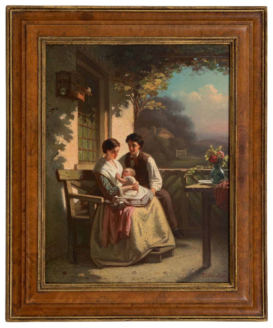 Onderberg P.J.  | Pieter Jan Onderberg | Gemälde zum Verkauf angeboten | Junge Familie auf einer Terrasse, Öl auf Holz 42,0 x 33,1 cm, Unterzeichnet u.r.