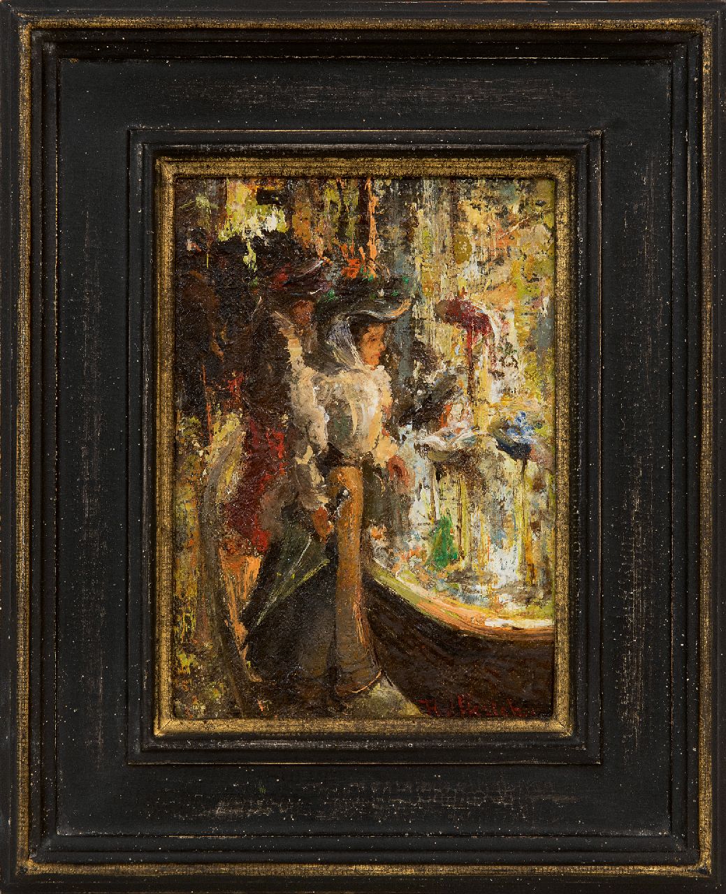 Helfferich F.W.  | Franciscus Willem 'Frans' Helfferich | Gemälde zum Verkauf angeboten | Elegante junge Frauen vor dem Schaufenster eines Hutgeschäfts am Abend, Öl auf Leinwand auf Holz 16,1 x 12,1 cm, Unterzeichnet u.r.