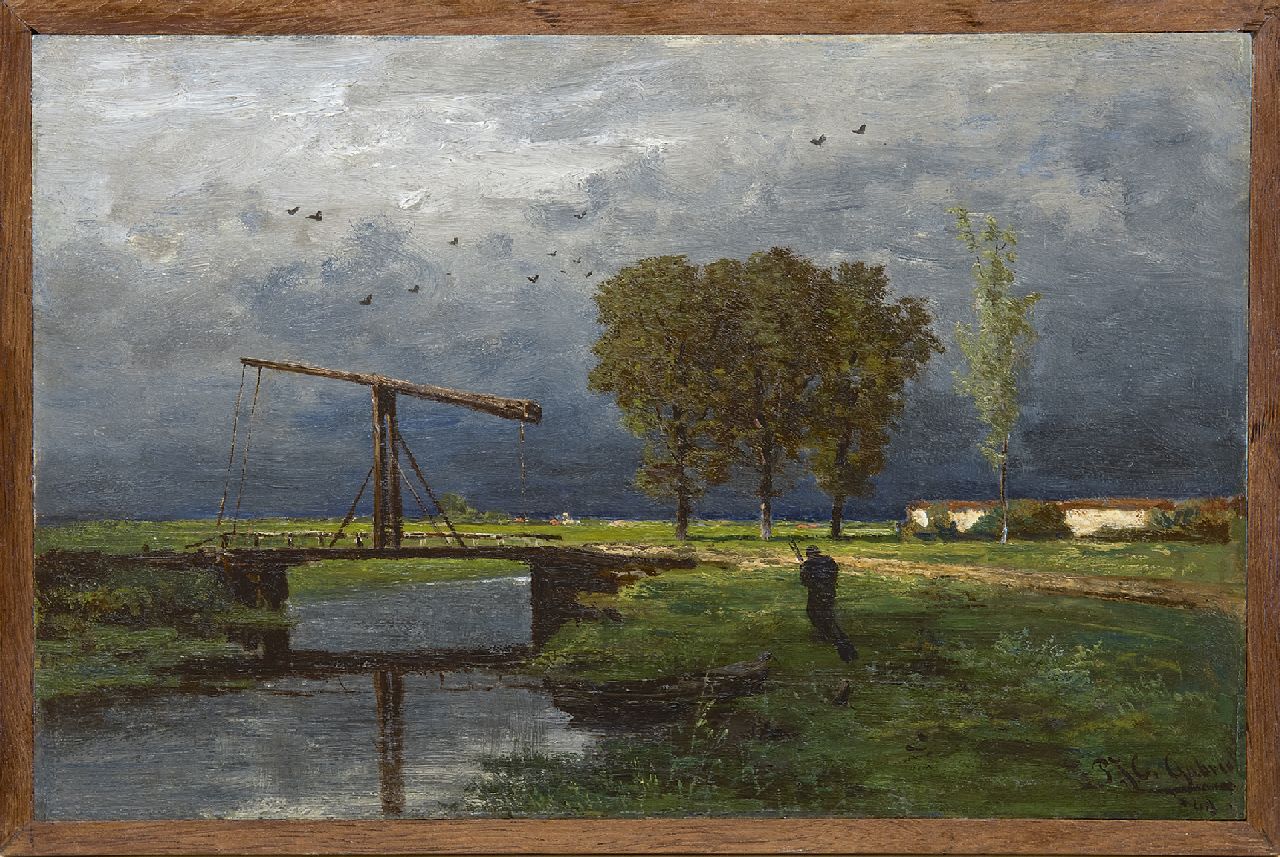 Gabriel P.J.C.  | Paul Joseph Constantin 'Constan(t)' Gabriel, Landschaft mit Fallbrücke an einem regnerischen Tag, Öl auf Holz 21,1 x 31,4 cm, Unterzeichnet u.r. und datiert '69