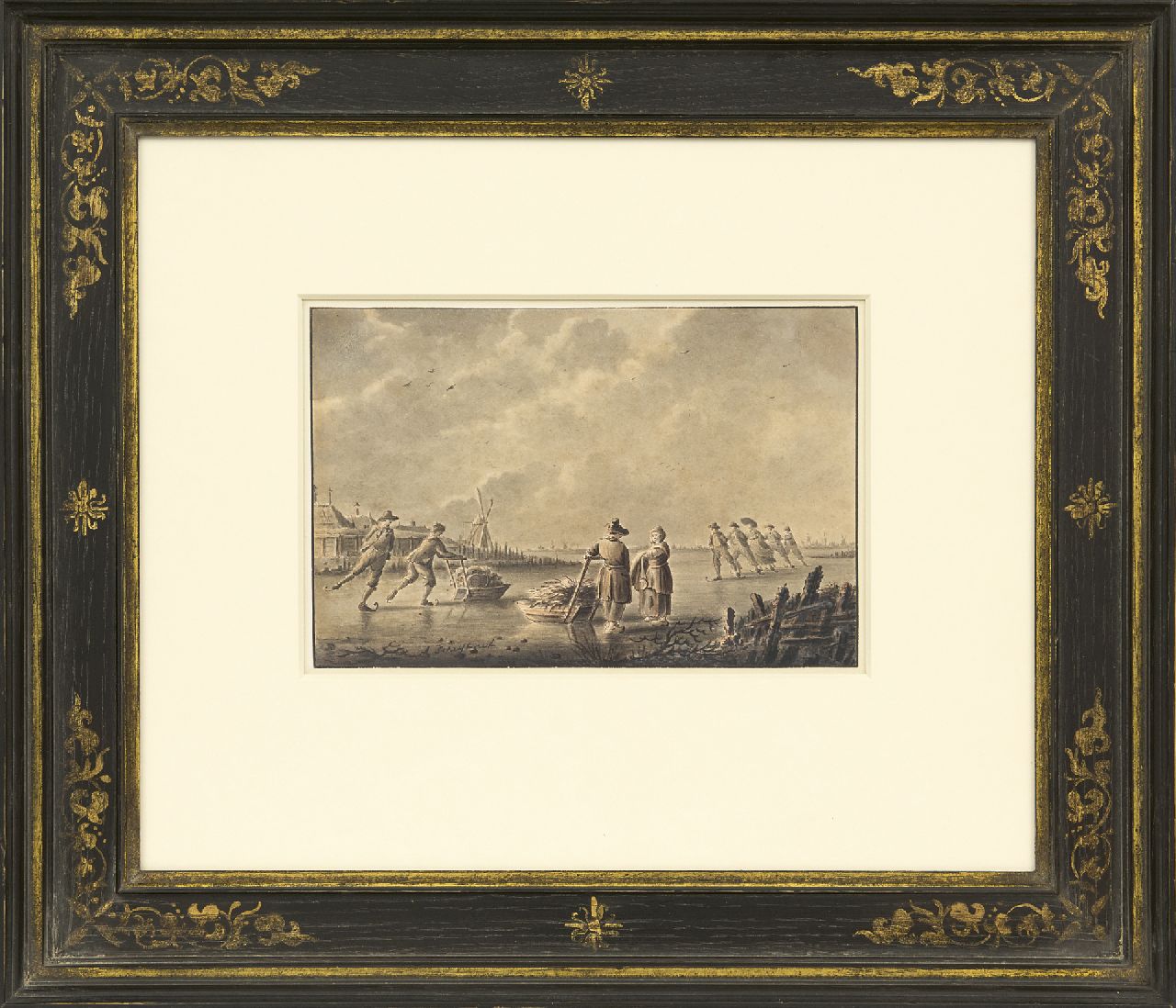 Schelfhout A.  | Andreas Schelfhout, Zugefrorener Kanal mit Schlittschuhläufern und Schubschlitten, Feder, Pinsel und Tinte auf Papier 13,8 x 20,9 cm, Unterzeichnet u.l. und um  1805- 1810