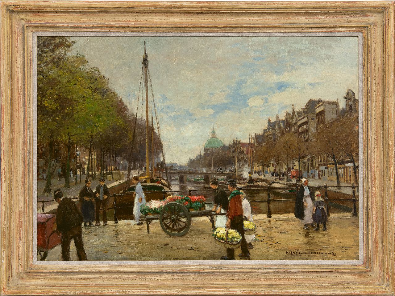 Hermanns H.  | Heinrich Hermanns | Gemälde zum Verkauf angeboten | Blumenkarren auf der Lijnbaansbrug, Amsterdam, Öl auf Leinwand 63,9 x 89,5 cm, Unterzeichnet u.r.