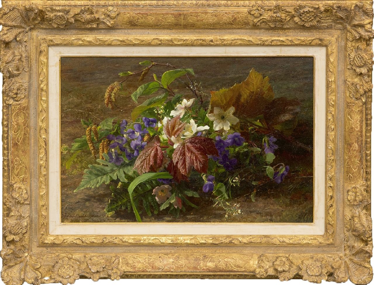 Sande Bakhuyzen G.J. van de | 'Gerardine' Jacoba van de Sande Bakhuyzen, Herbststrauss mit wilden Veilchen auf dem Waldboden, Öl auf Holz 24,8 x 36,6 cm, Unterzeichnet u.l.