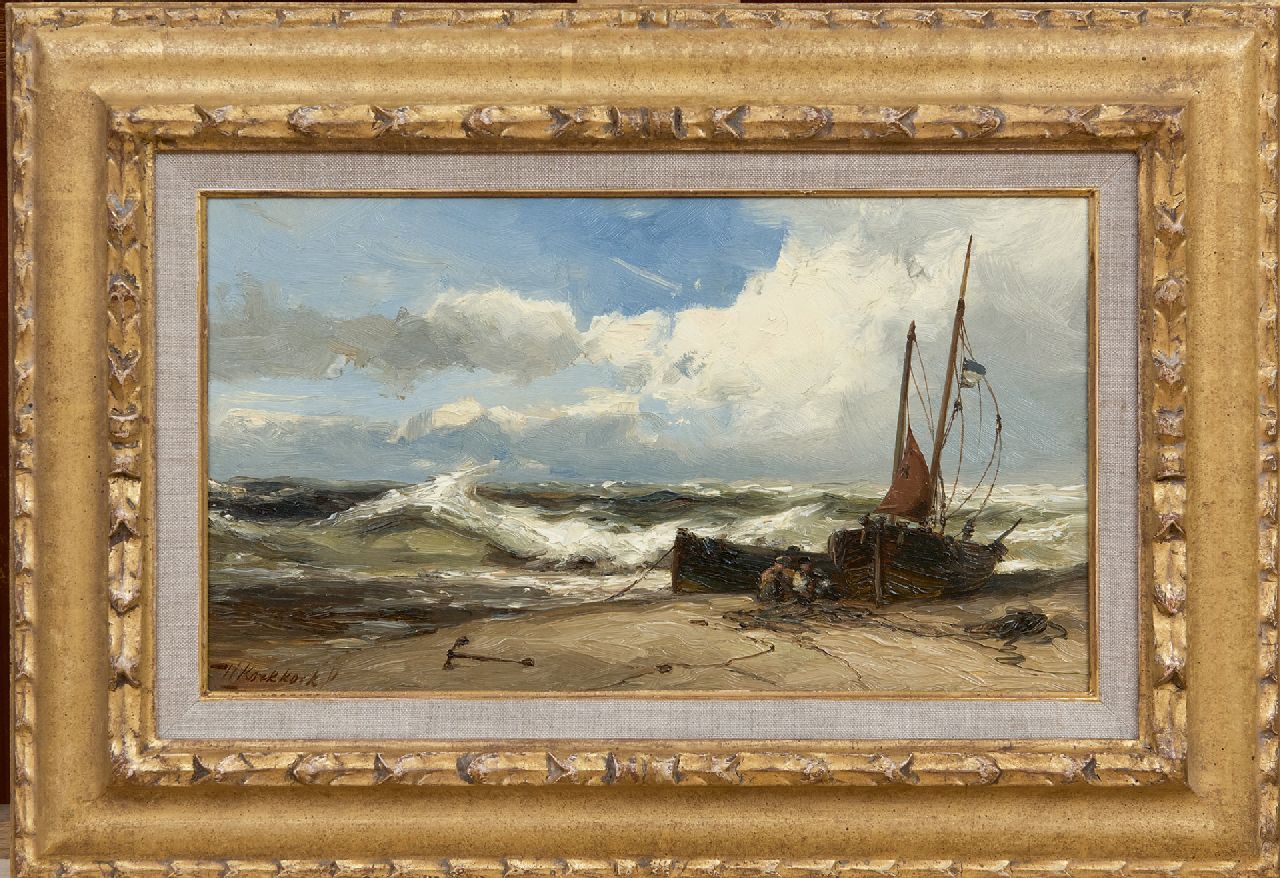 Koekkoek jr. H.  | Hermanus Koekkoek jr. | Gemälde zum Verkauf angeboten | Netze flicken bei stürmischem  Wetter, Öl auf Holz 18,8 x 33,0 cm, Unterzeichnet u.l.