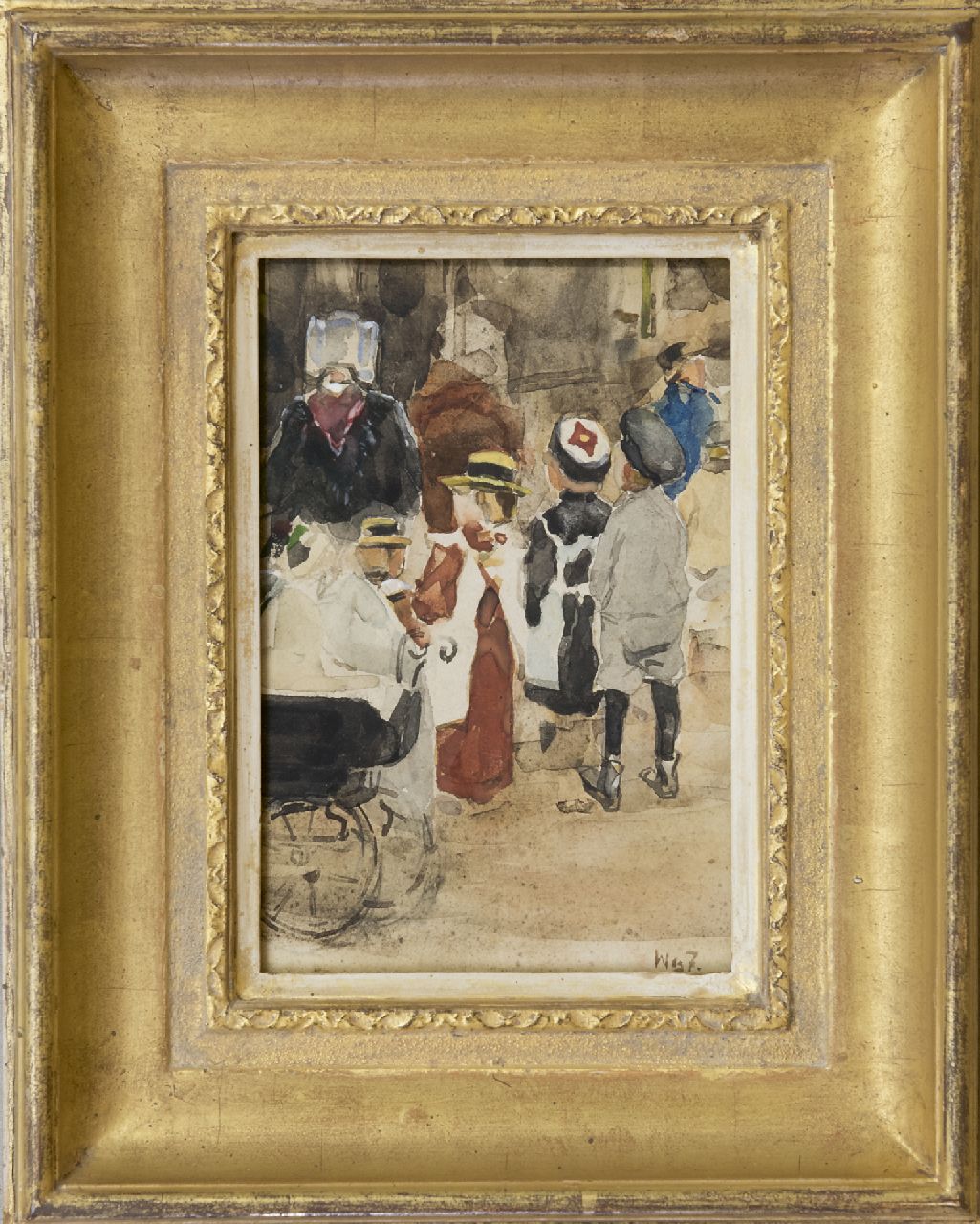 Zwart W.H.P.J. de | Wilhelmus Hendrikus Petrus Johannes 'Willem' de Zwart | Aquarelle und Zeichnungen zum Verkauf angeboten | Kindermädchen mit Kindern und Kinderwagen, Aquarell auf Papier 19,1 x 12,8 cm, Unterzeichnet u.r. mit Initialen und zu datieren um 1931