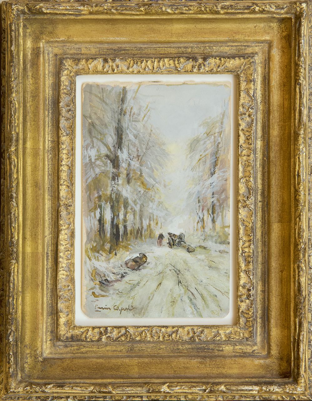 Apol L.F.H.  | Lodewijk Franciscus Hendrik 'Louis' Apol, Mallejan auf einem schneebedeckten Waldweg, Gouache auf Papier 16,9 x 10,5 cm, Unterzeichnet u.l.