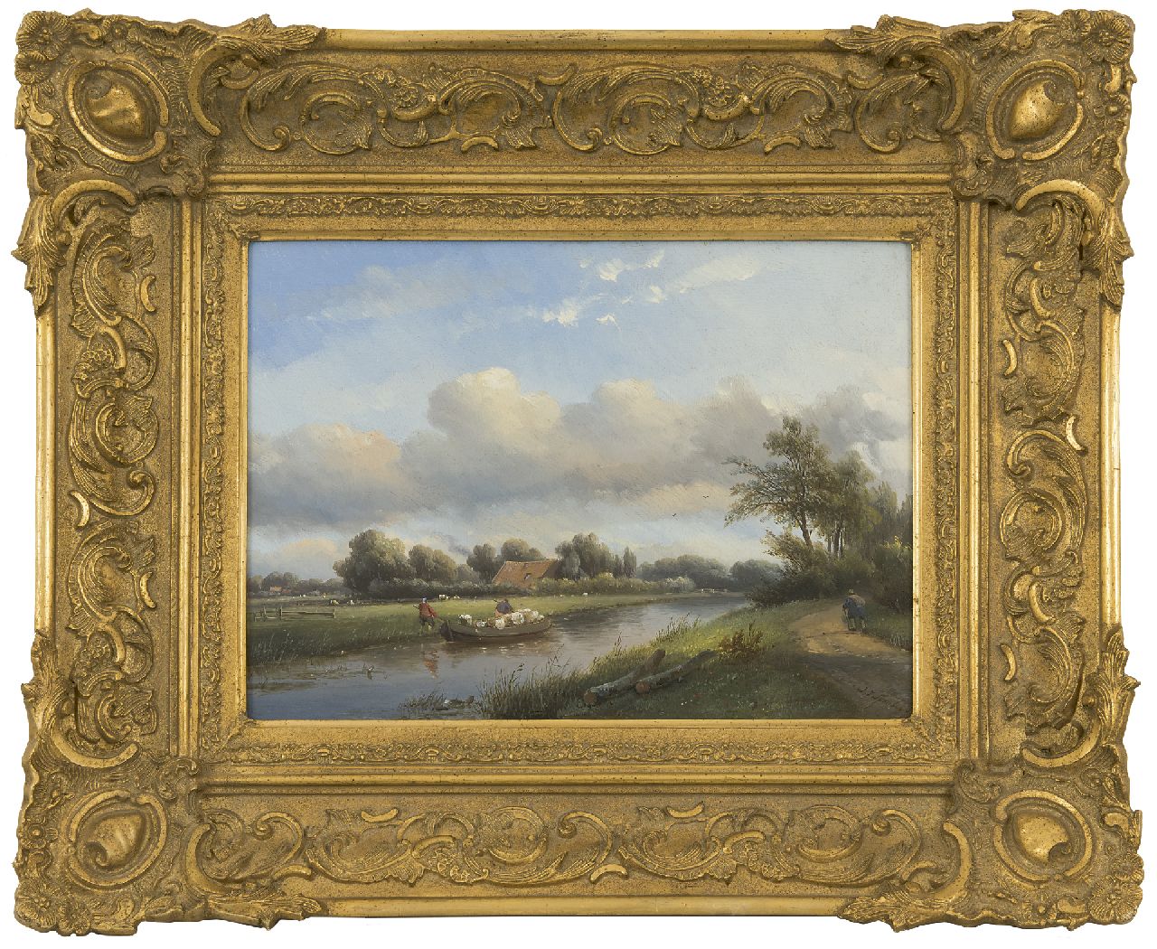 Spohler J.J.  | Jan Jacob Spohler, Wasserweg mit Bauernkahn, Öl auf Holz 28,3 x 39,0 cm, Unterzeichnet u.r.