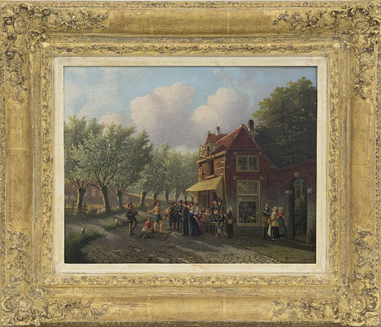 Bles J.  | Joseph Bles | Gemälde zum Verkauf angeboten | Akrobat vor einer Dorfherberge, Öl auf Holz 20,6 x 26,2 cm, Unterzeichnet u.r.