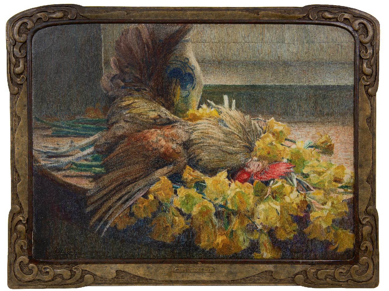 Verly A.  | Adelin Verly | Gemälde zum Verkauf angeboten | Stilleben mit Blume und Federvieh, Öl auf Leinwand 54,8 x 73,7 cm, Unterzeichnet u.l.