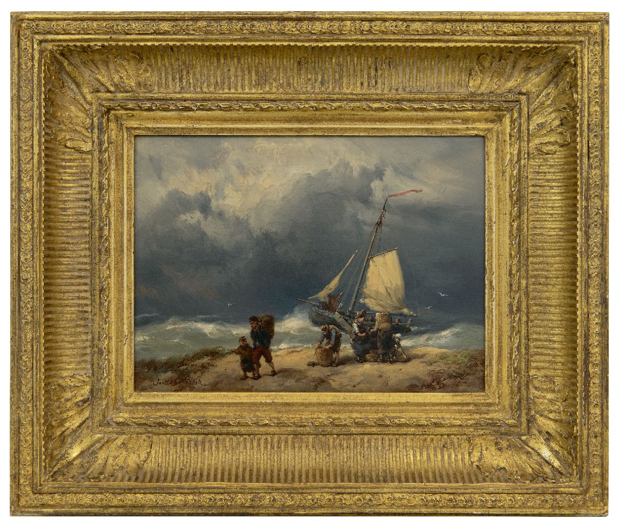 Koekkoek J.H.B.  | Johannes Hermanus Barend 'Jan H.B.' Koekkoek | Gemälde zum Verkauf angeboten | Fischerleute auf dem Strand in einem Sturm, Öl auf Holz 17,2 x 23,4 cm, Unterzeichnet u.l.