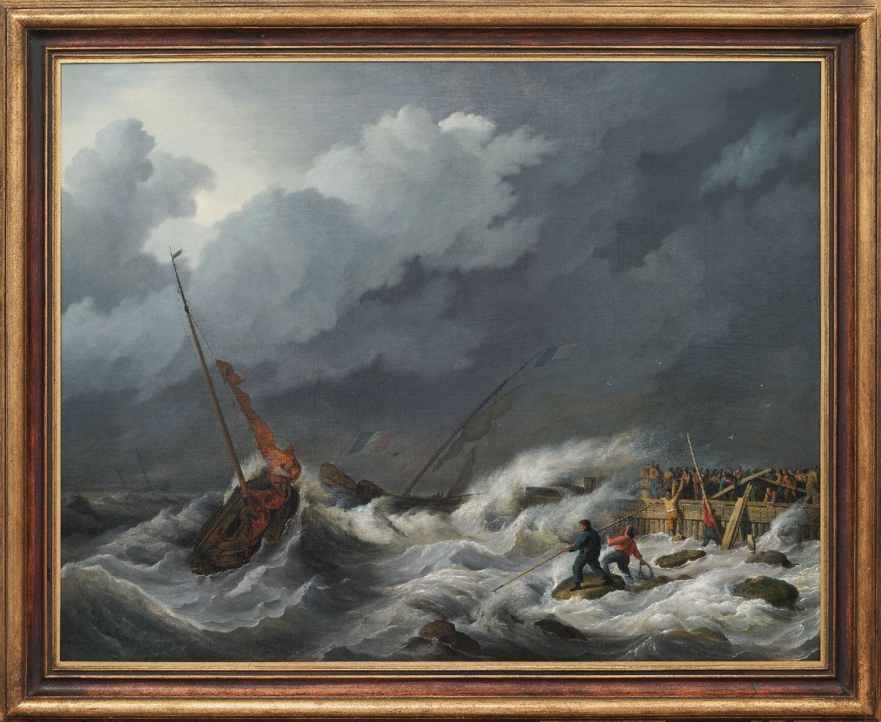 Koekkoek J.H.  | Johannes Hermanus Koekkoek | Gemälde zum Verkauf angeboten | Segelboote vor der Küste in einem schweren Sturm, Öl auf Leinwand 97,2 x 123,3 cm, Unterzeichnet u.r. mit Signaturresten