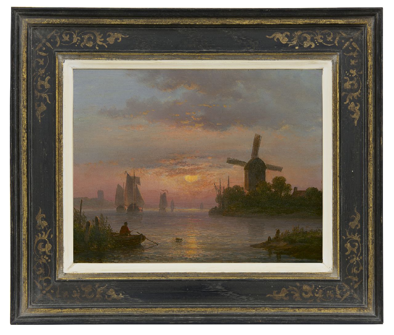 Kleijn L.J.  | Lodewijk Johannes Kleijn, Holländische Flusslandschaft  bei Sonnenuntergang, Öl auf Holz 21,2 x 27,4 cm