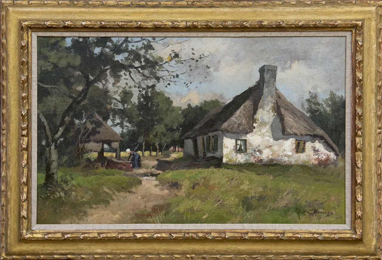 Vuuren J. van | Jan van Vuuren, Alter Bauernhof auf der Veluwe mit Bäuerin bei der Arbeit, Öl auf Leinwand 42,3 x 67,8 cm, Unterzeichnet u.r.