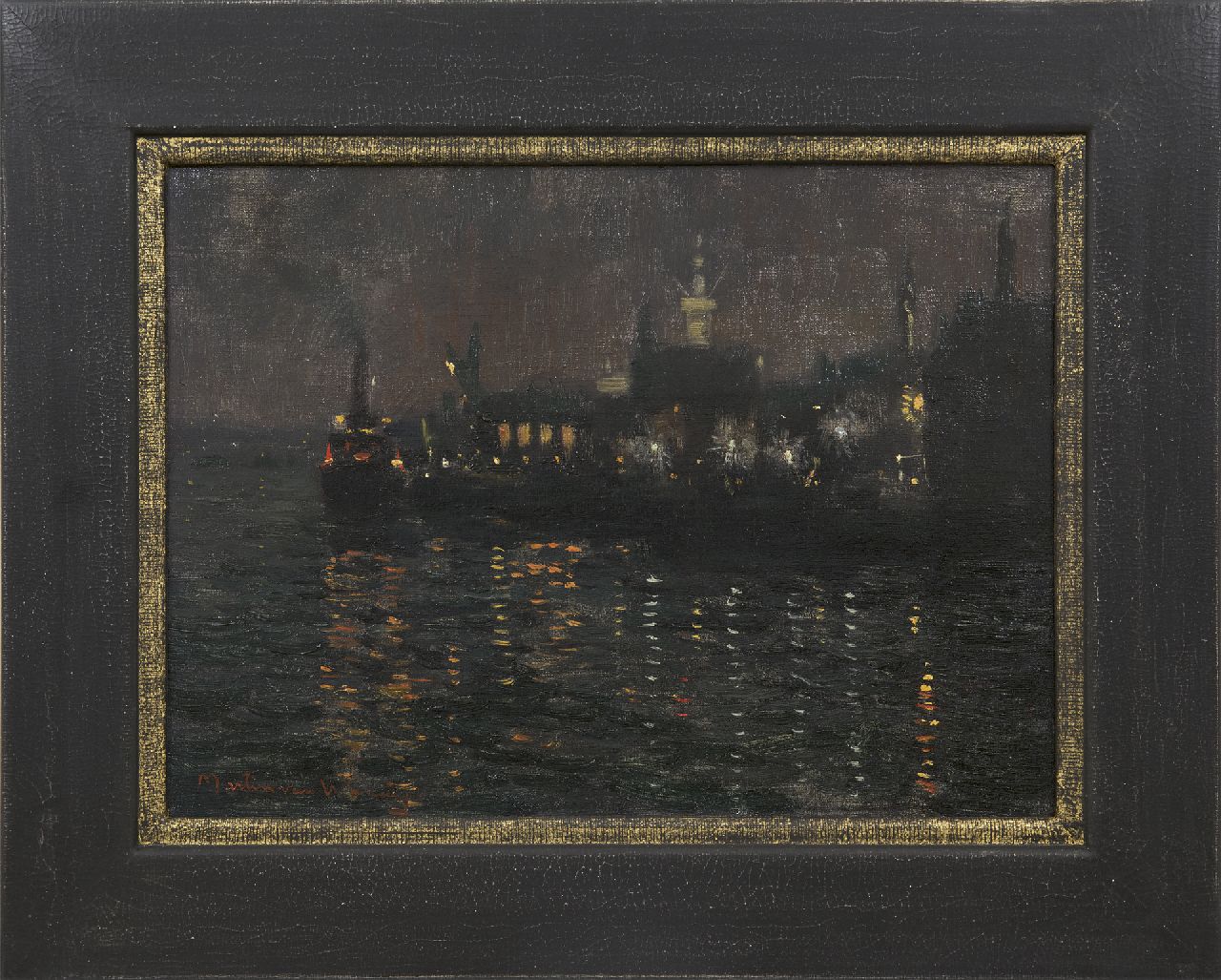 Waning G.M.W.F. van | Gijsbertus Martinus Wilhelmus Franciscus 'Martin' van Waning | Gemälde zum Verkauf angeboten | Hafen in der Nacht, Öl auf Leinwand 30,2 x 40,3 cm, Unterzeichnet u.l.