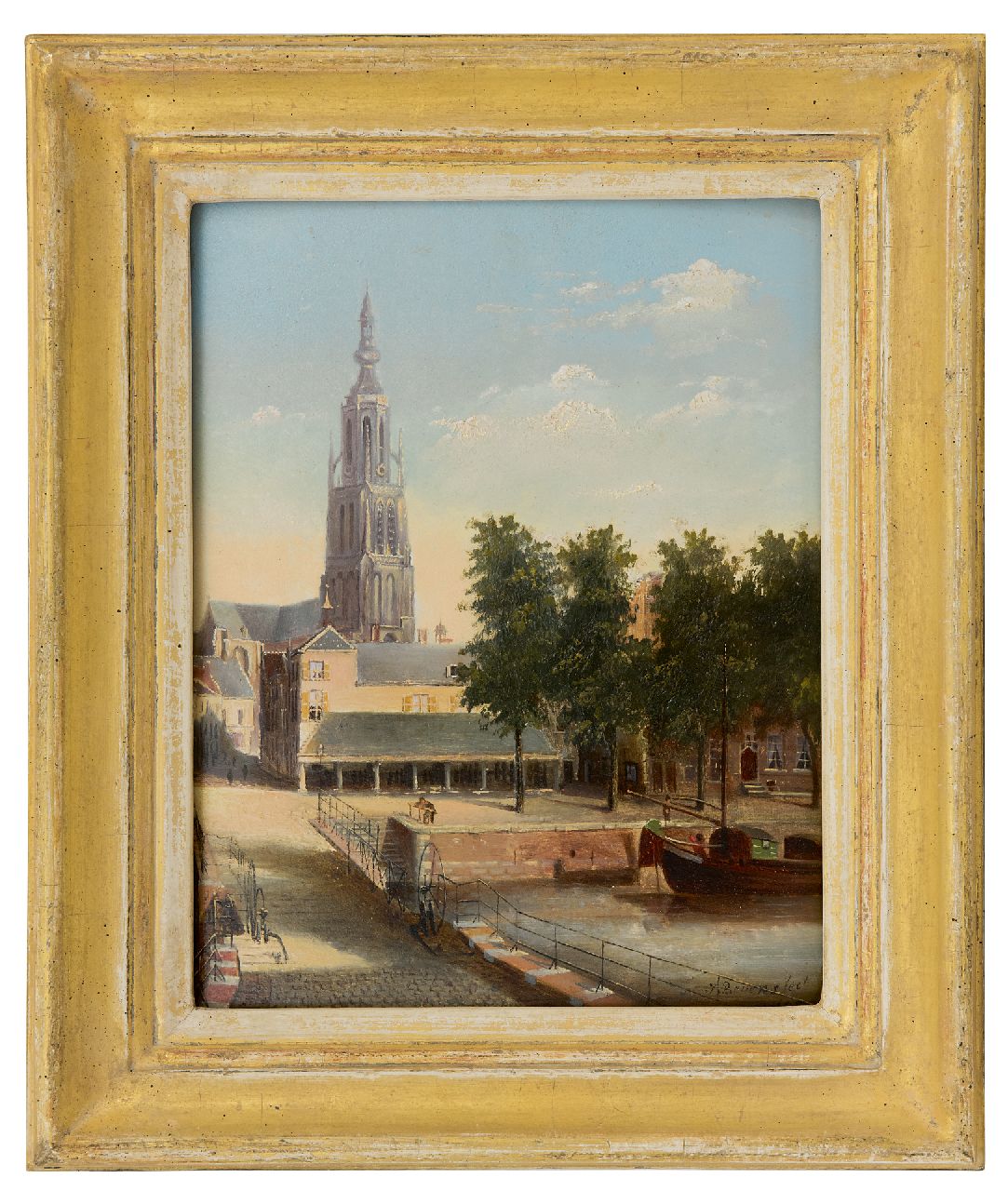 Beyens J.  | J. Beyens | Gemälde zum Verkauf angeboten | Blick auf die Hoge Brucke, Fischmarkt und die Grote Kirche in Breda, Öl auf Holz 22,9 x 18,0 cm, Unterzeichnet u.r. und datiert 1882