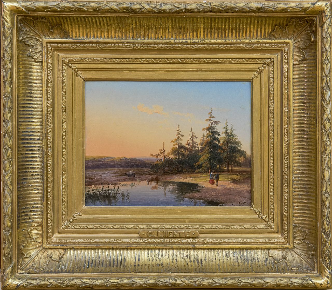 Lieste C.  | Cornelis Lieste, Hügellandschaft mit Figuren und Vieh bei Sonnenaufgang, Öl auf Holz 17,2 x 22,9 cm, Unterzeichnet u.r. mit Initialen