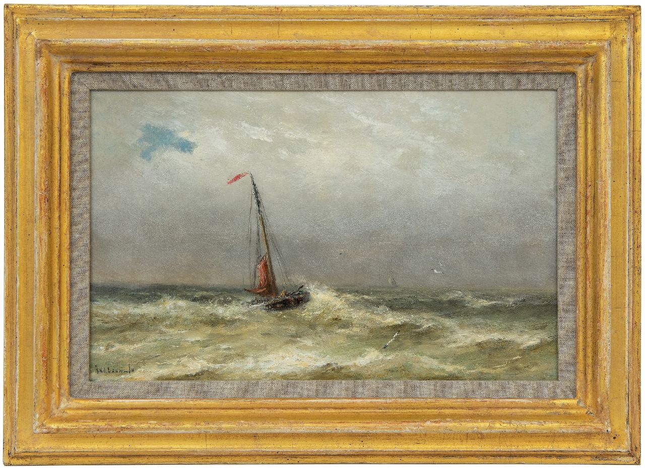 Laan G. van der | Gerard van der Laan, Fischerboot an der Küste, Öl auf Holz 20,1 x 32,5 cm, Unterzeichnet u.l.