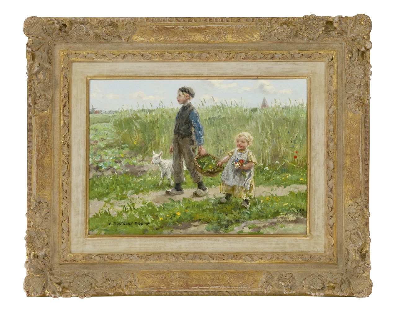 Zoetelief Tromp J.  | Johannes 'Jan' Zoetelief Tromp, Kinder spazieren am Getreidefeld entlang bei Blaricum, Öl auf Holz 24,3 x 33,8 cm, Unterzeichnet u.l