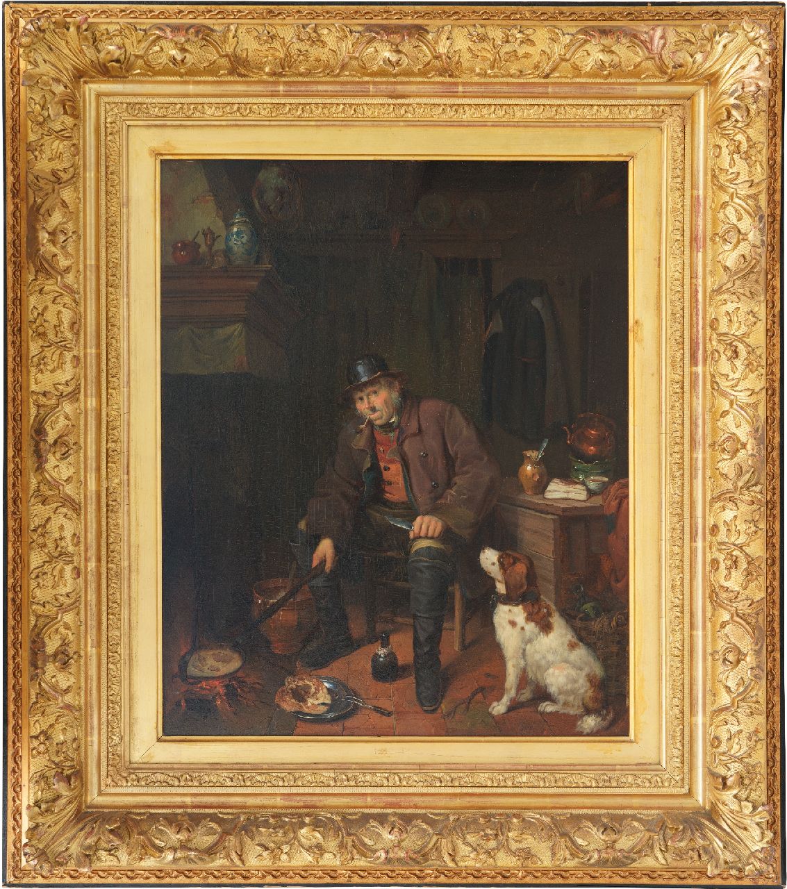 Canta J.A.  | Johannes Antonius Canta | Gemälde zum Verkauf angeboten | Innenraum mit Jäger und Hund beim offenen Kamin, Öl auf Holz 58,8 x 47,3 cm, Unterzeichnet M.r. am Tisch-Kante