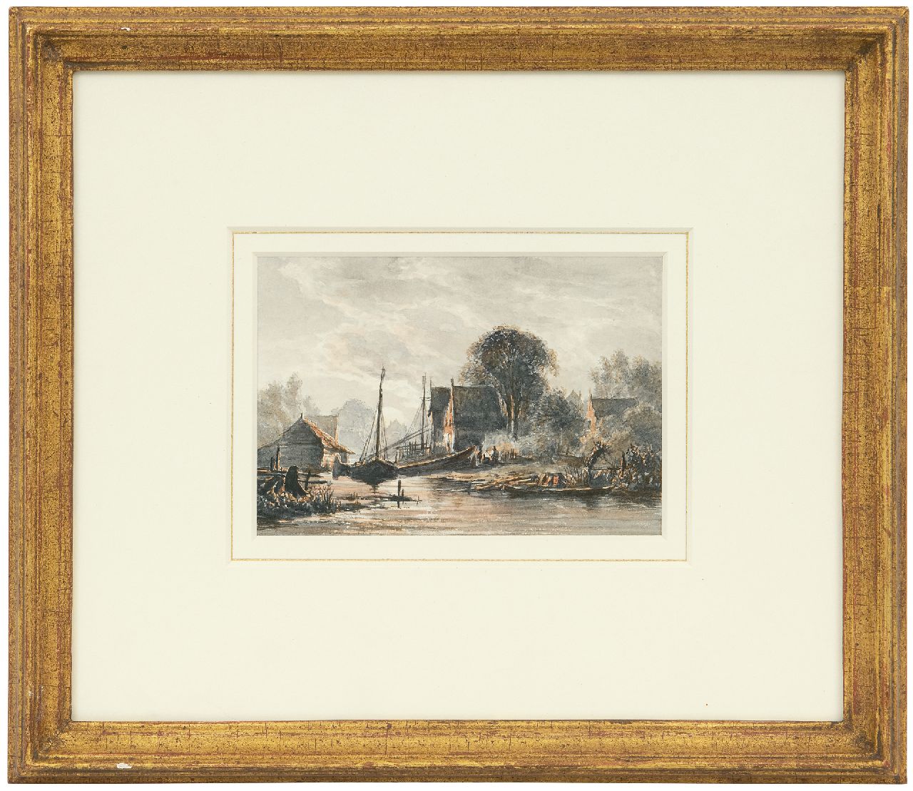 Abels J.Th.  | 'Jacobus' Theodorus Abels | Aquarelle und Zeichnungen zum Verkauf angeboten | Schiffswerft im Mondlicht, Aquarell auf Papier 10,4 x 14,9 cm, Unterzeichnet im Verso mit Monogramm und datiert 1856 im Verso