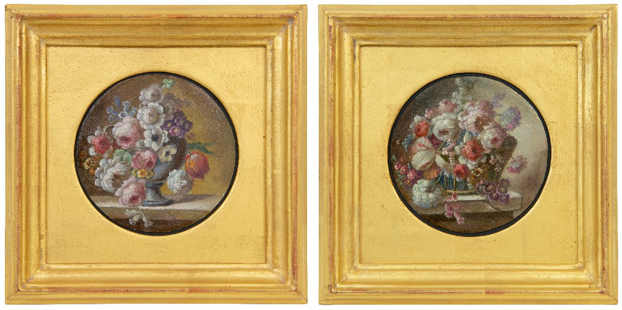 Spaendonck (omgeving van) C. van | Cornelis van Spaendonck (omgeving van) | Gemälde zum Verkauf angeboten | Miniaturen von Blumen in einem Korb (2), Öl auf Kupfer 8,6 cm
