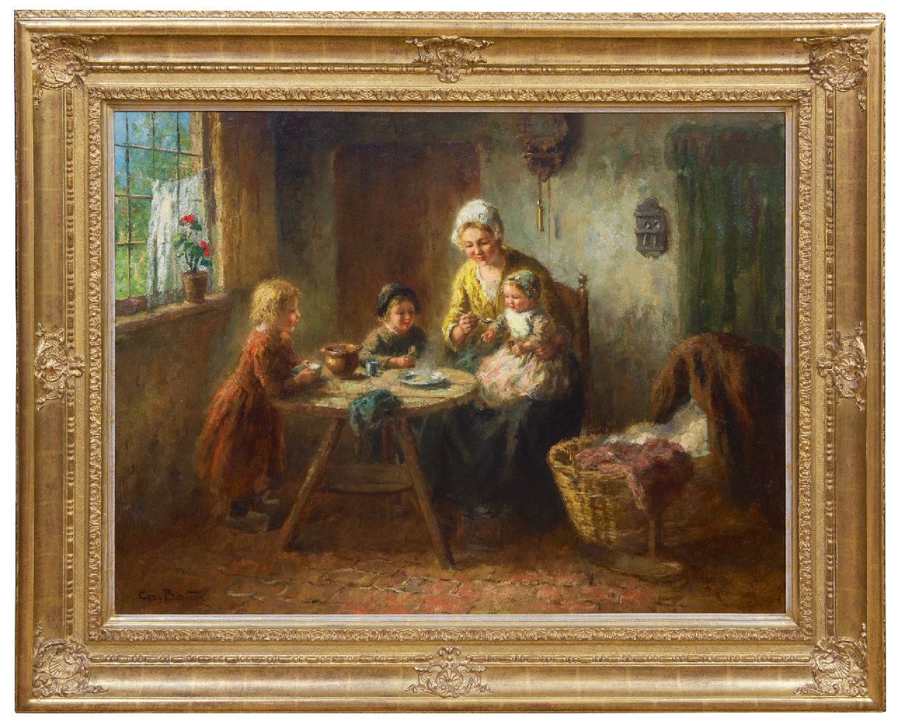 Bouter C.W.  | Cornelis Wouter 'Cor' Bouter, Innenraum mit Mutter und Kindern bei der Mahlzeit, Öl auf Leinwand 75,1 x 99,9 cm, Unterzeichnet u.l.