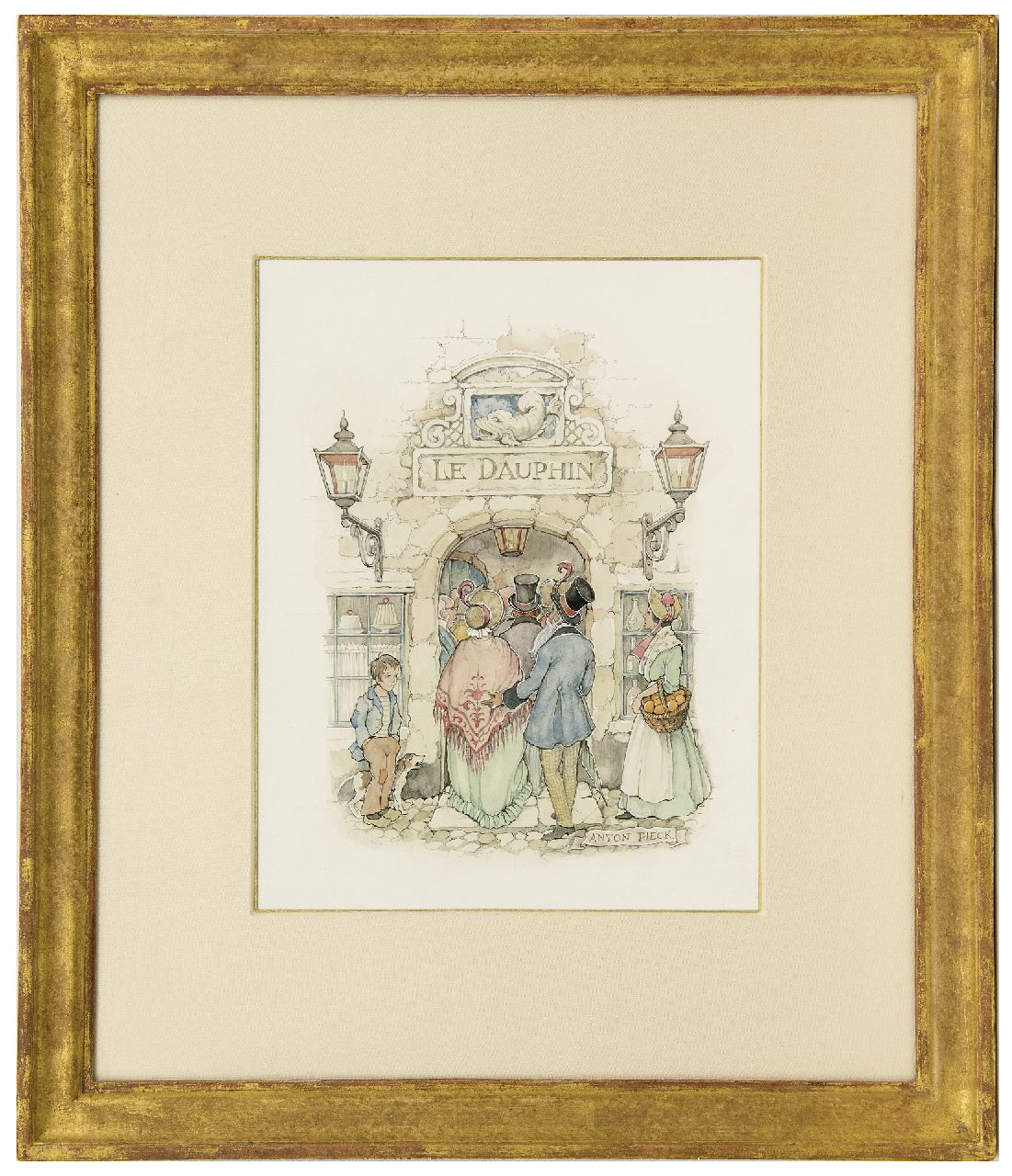 Pieck A.F.  | 'Anton' Franciscus Pieck, Vornehme Gesellschaft beim Eintreten von 'Le Dauphin', Bleistift und Aquarell auf Papier 29,7 x 23,0 cm, Unterzeichnet u.r.