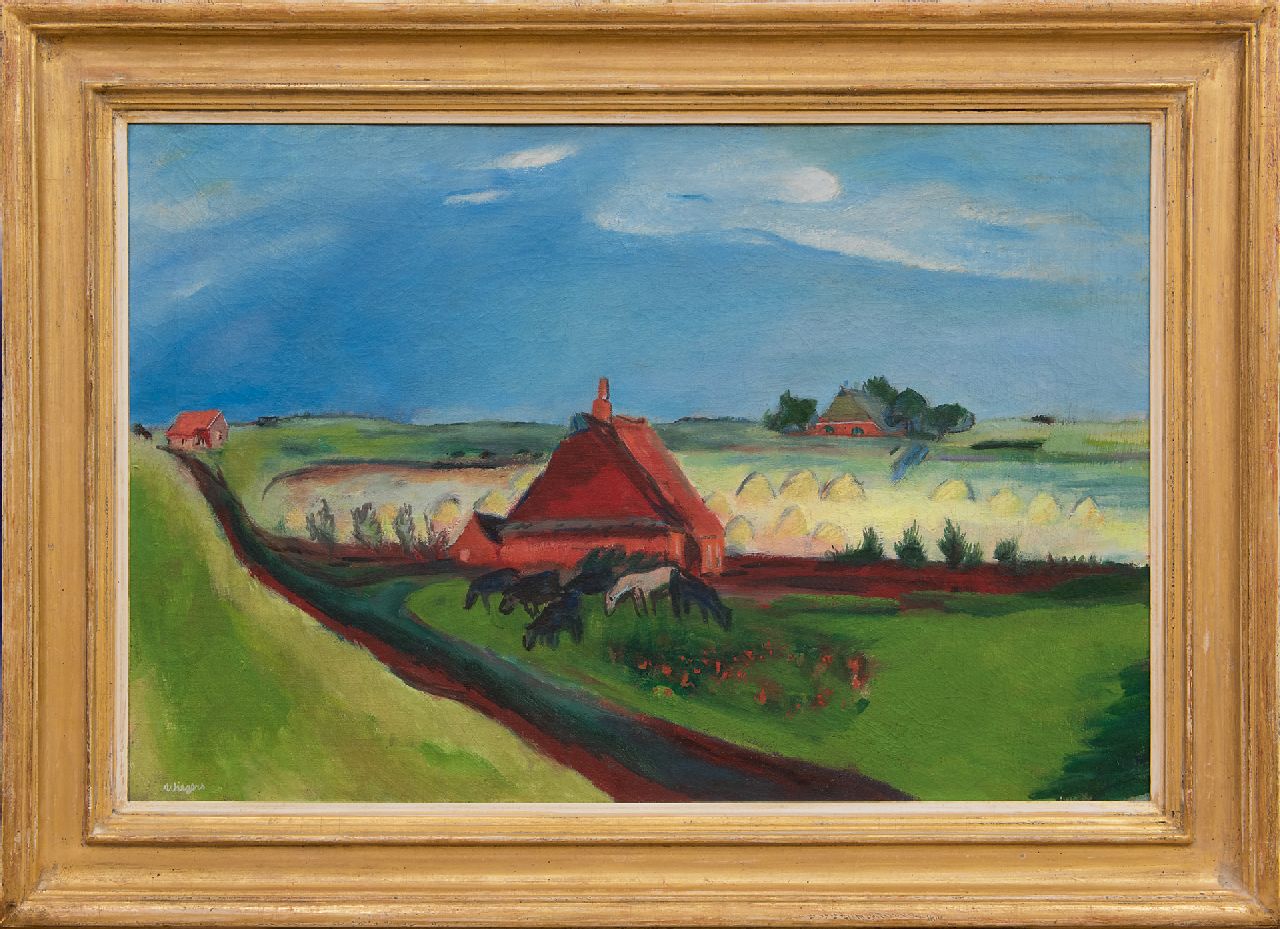 Wiegers J.  | Jan Wiegers, Polderlandschaft mit Seedeich, Groningen, Wachsfarbe auf Leinwand 53,0 x 80,3 cm, Unterzeichnet u.l. und zu datieren um 1930-1933