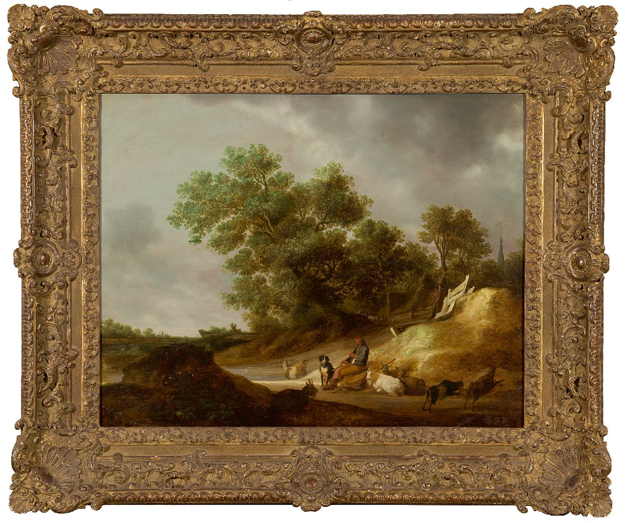 Hulst F. de | Frans de Hulst, Hirt mit Flöte in einer Landschaft, Öl auf Holz 54,0 x 69,0 cm, Unterzeichnet u.l.