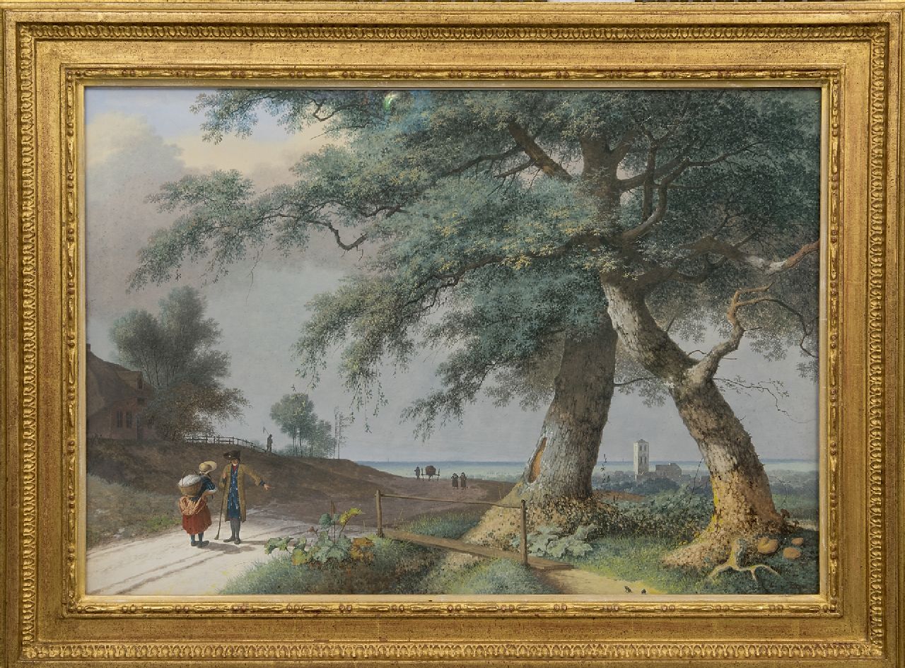 Knip J.A.  | Josephus Augustus Knip, Italienische Landschaft mit Figuren auf einem Landweg und ein Glockenturm in der Ferne, Gouache auf Papier 49,5 x 71,5 cm