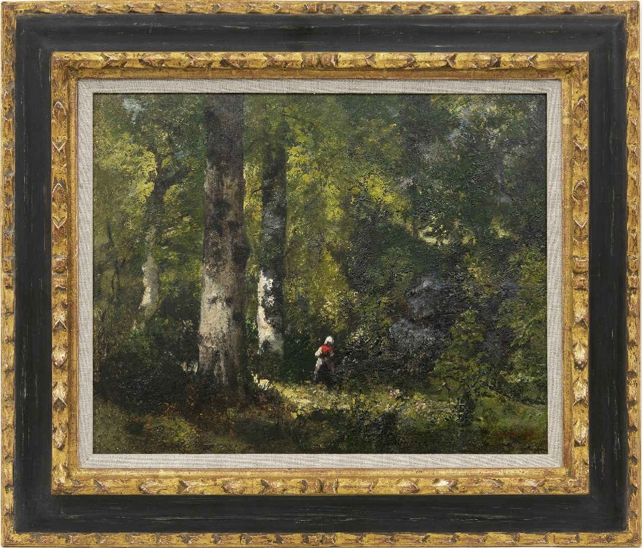 Diaz de la Peña N.V.  | Narcisse Virgile Diaz de la Peña, Holzsammlerin im Wald von Fontainebleau, Öl auf Malereifaser 32,3 x 40,6 cm, Unterzeichnet u.r.