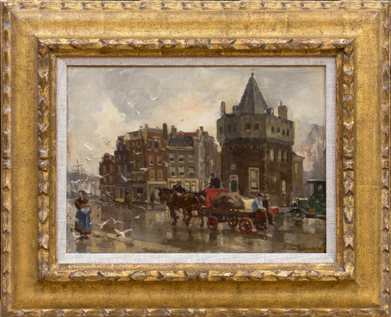 Langeveld F.A.  | Franciscus Arnoldus 'Frans' Langeveld, Pferd und Wagen bei dem Schreiersturm in Amsterdam, Öl auf Leinwand 24,3 x 33,4 cm, Unterzeichnet u.r.