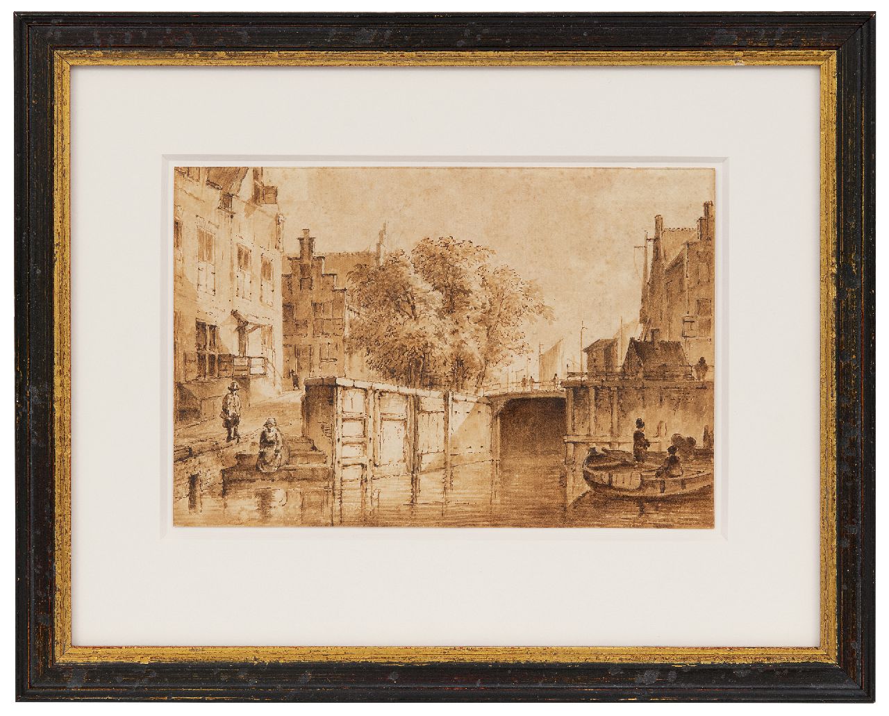 Westenberg G.P.  | George Pieter Westenberg, Die Oude Haarlemmersluis zu Amsterdam, in die Richtung der Martelaarsgracht gesehen, Feder, Pinsel und Tinte auf Papier 11,8 x 17,4 cm, Unterzeichnet im Verso und datiert 1822