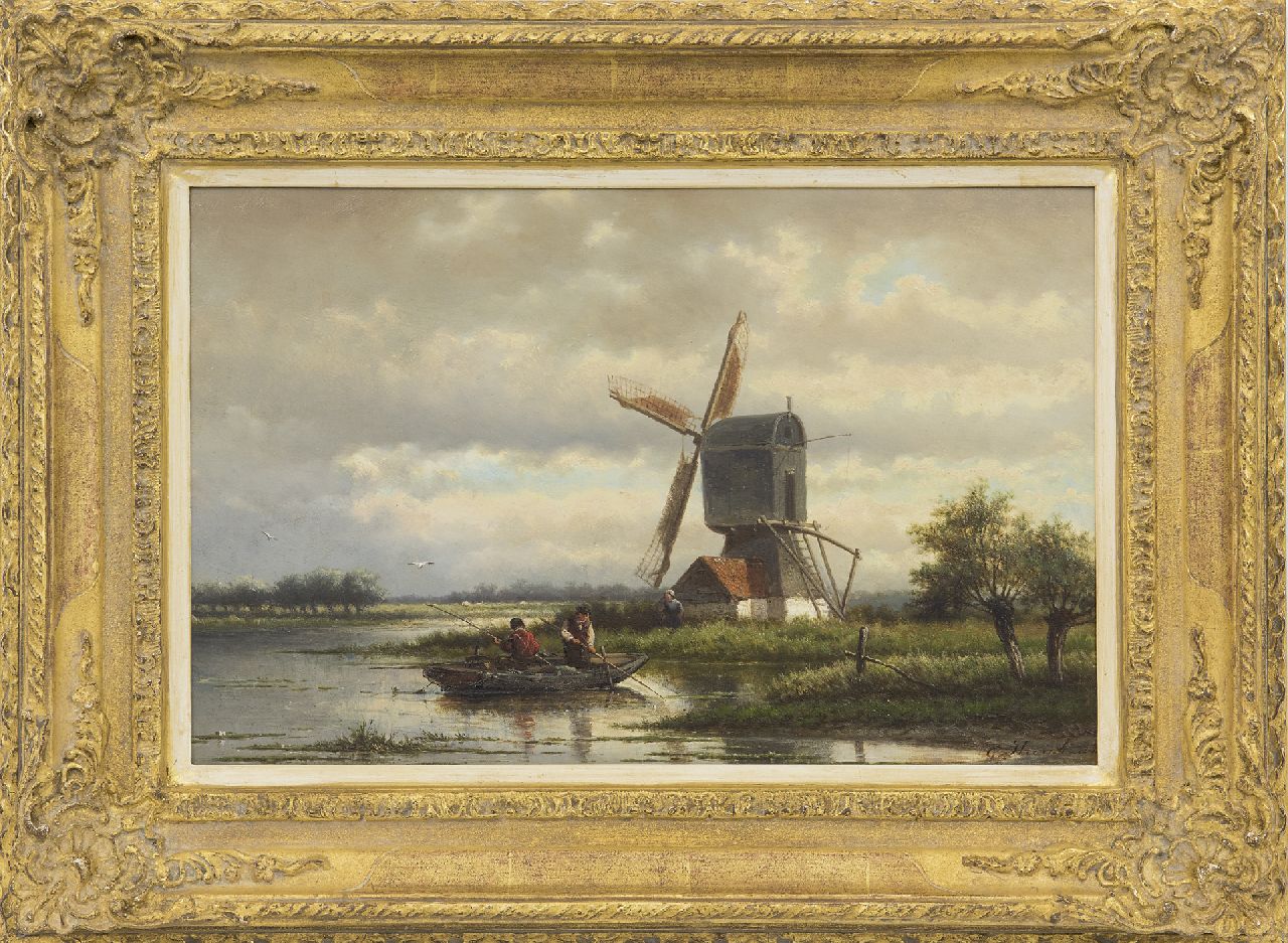 Heerebaart G.  | Georgius Heerebaart | Gemälde zum Verkauf angeboten | Angler bei einer Mühle in einem Seengebiet, Öl auf Holz 26,4 x 40,8 cm, Unterzeichnet u.r.