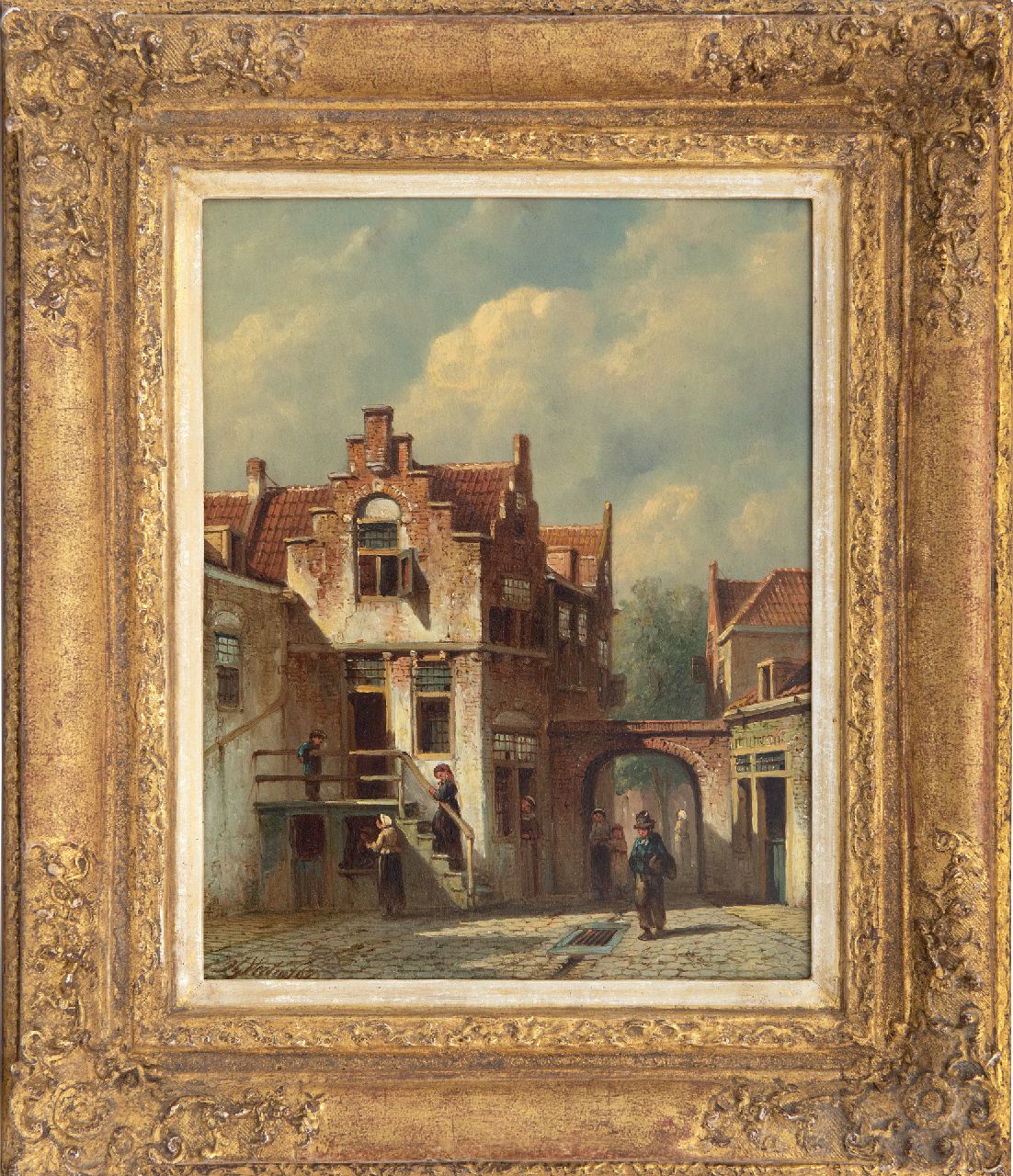 Vertin P.G.  | Petrus Gerardus Vertin | Gemälde zum Verkauf angeboten | Sonnige holländische Gasse mit Figuren am Tor, Öl auf Holz 26,1 x 20,5 cm, Unterzeichnet u.l. und datiert '67