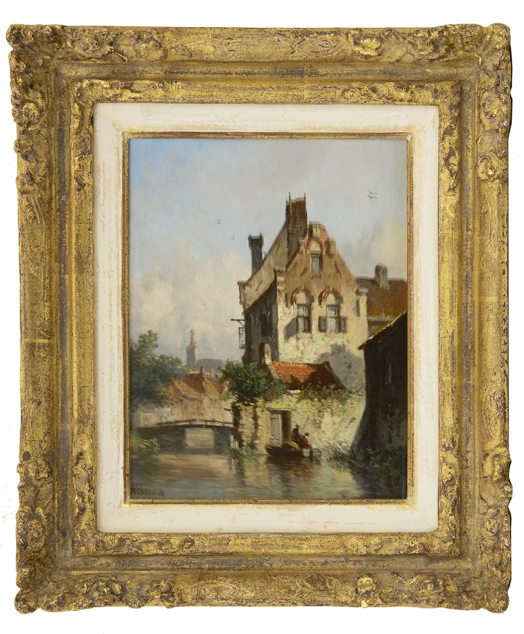 Eversen A.  | Adrianus Eversen, Angler in der Stadtgracht, im Sommer, Öl auf Holz 19,0 x 14,9 cm, Unterzeichnet u.l.