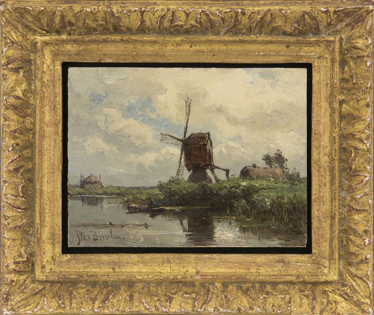 Borselen J.W. van | Jan Willem van Borselen, Bockwindmühle am Wasser, Öl auf Holz 9,0 x 11,9 cm, Unterzeichnet u.l.