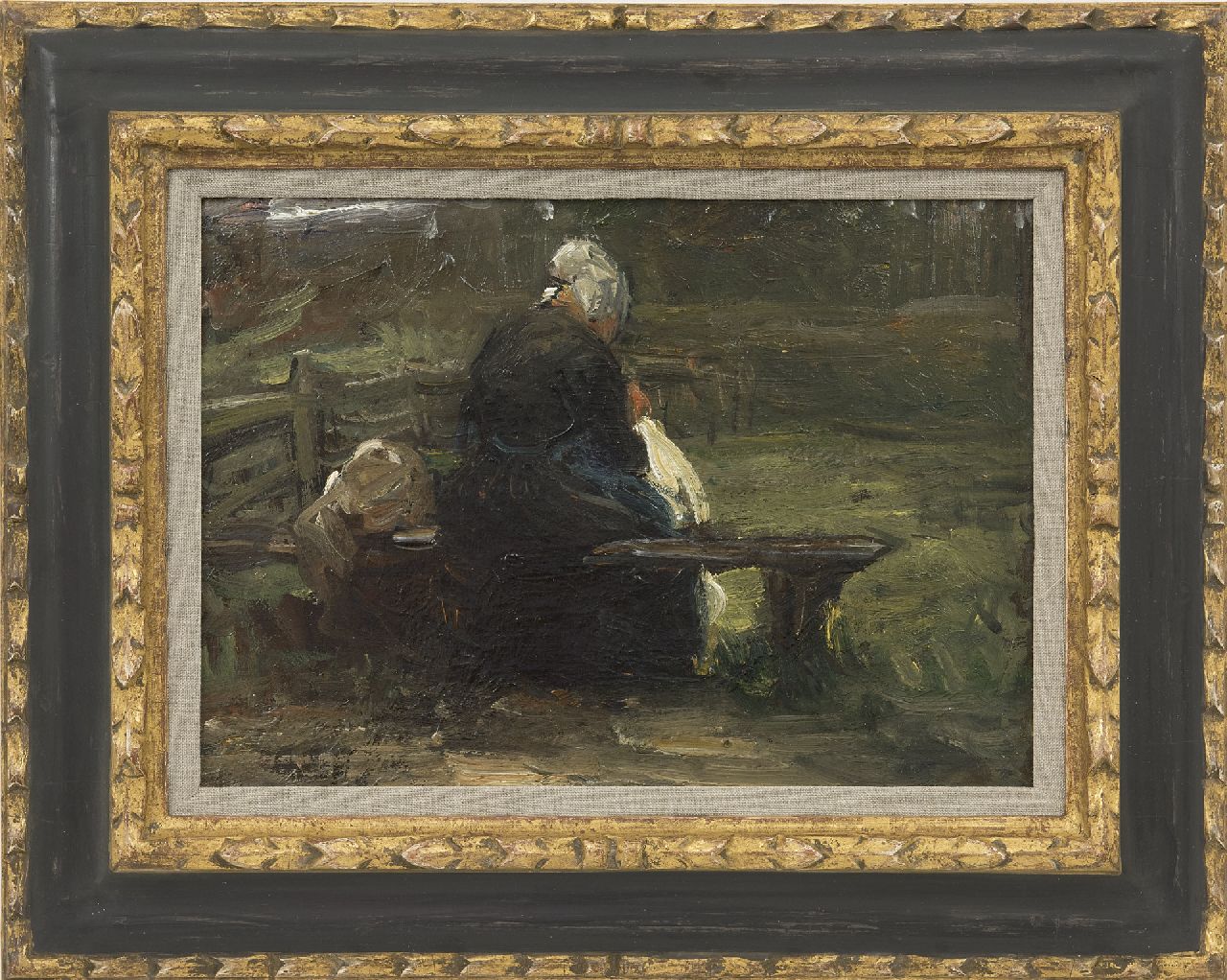 Blommers B.J.  | Bernardus Johannes 'Bernard' Blommers | Gemälde zum Verkauf angeboten | Fischerfrau auf kleiner Bank, Öl auf Leinwand 25,0 x 35,1 cm