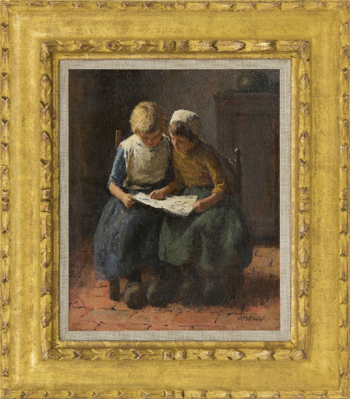 Pothast B.J.C.  | 'Bernard' Jean Corneille Pothast, Innenraum mit zwei lesenden Mädchen, Öl auf Leinwand 31,2 x 25,5 cm, Unterzeichnet u.r.
