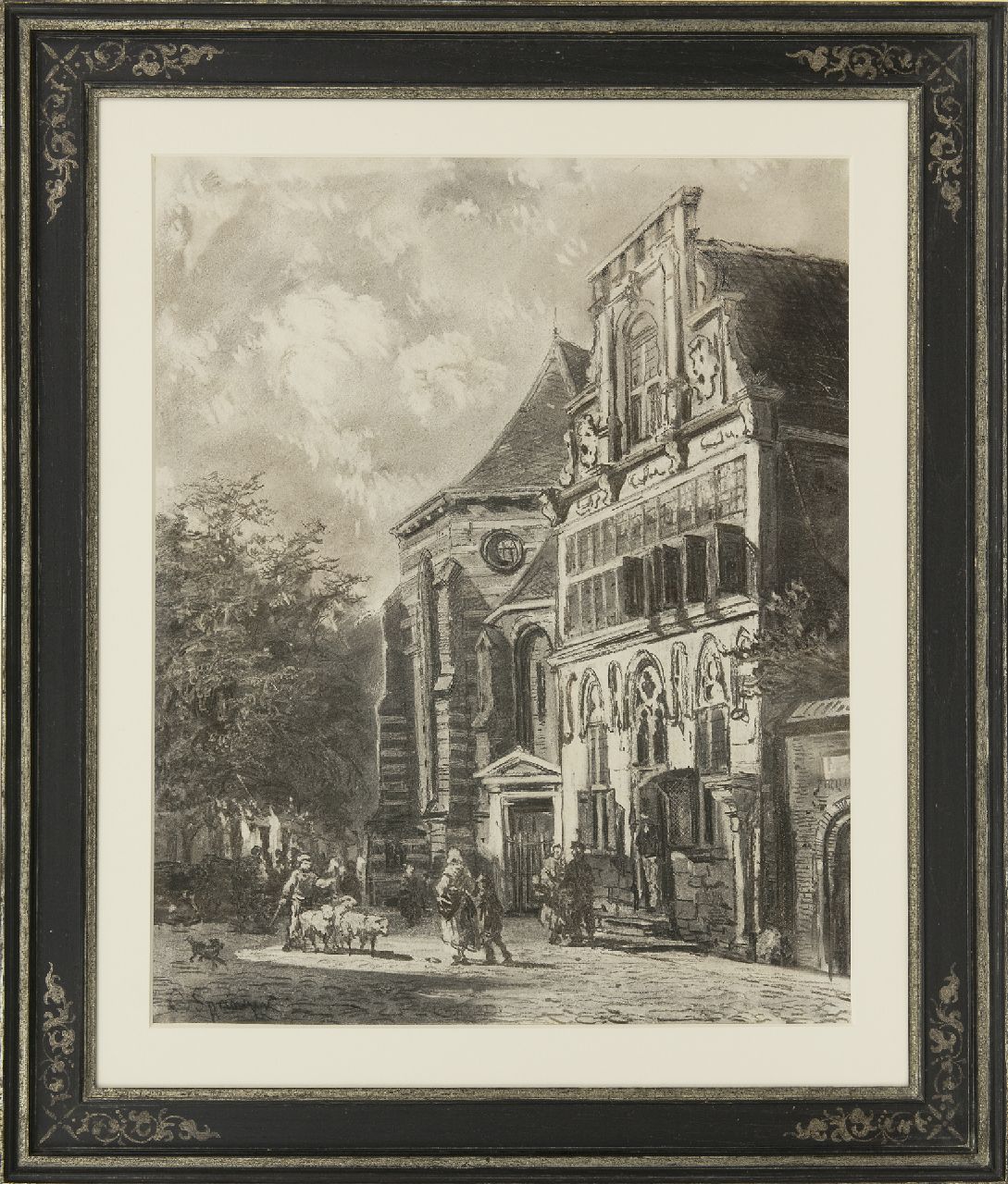 Springer C.  | Cornelis Springer, Sommerliche Aussicht auf die Petruskirche und das Stedehuys Woerden, Holzkohle  auf Papier 48,5 x 39,5 cm, Unterzeichnet u.l. und zu datieren 1858